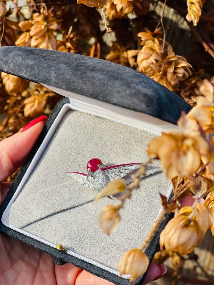 Vintage Diamond And Ruby Hummingbird Brooch In Platinum