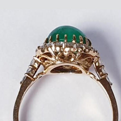 Vintage French 2ct Cabochon Emerald and Diamond Cluster Ring in 18ct Yellow Gold, Circa 1960s