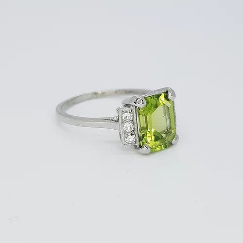Emerald Cut Peridot, Diamond and Platinum Ring