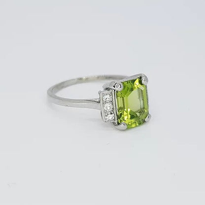 Emerald Cut Peridot, Diamond and Platinum Ring