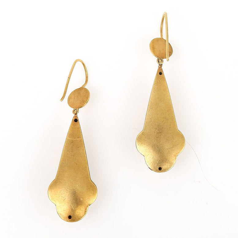 Victorian Antique Yellow Gold Diamond Blue Enamel Drop Earrings