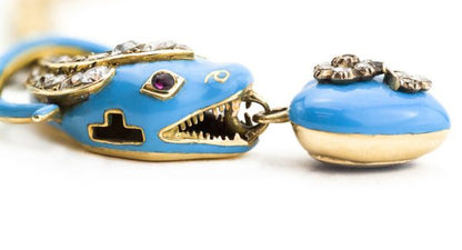 Antique Victorian Blue Enamel and Old Cut Diamond Snake Necklace