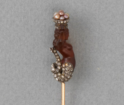 Antique Victorian Agate Mermaid Stickpin, with Pearls and Diamonds