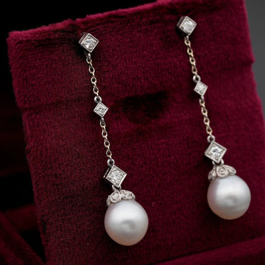 Art Deco Pearl and Diamond Drop Pendant Earrings
