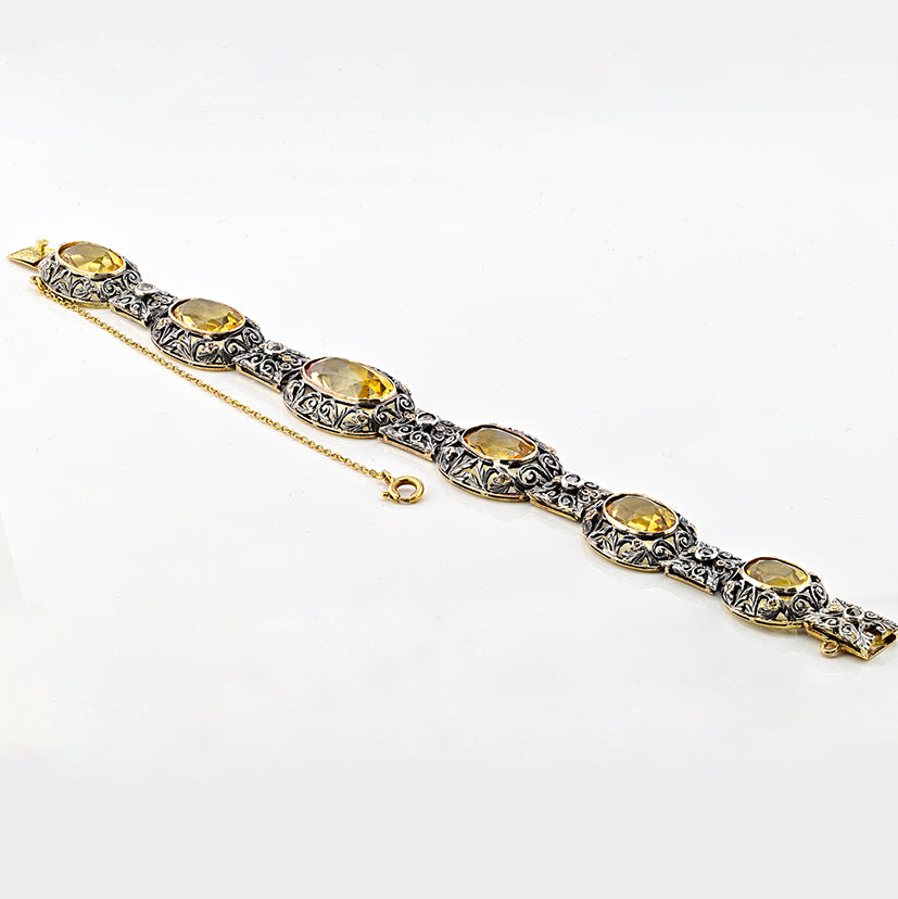 Edwardian Antique 25.45ct Natural Citrine Oval Panel Link Bracelet with Diamonds