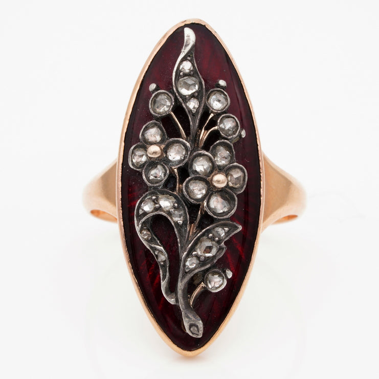 Antique French Georgian Red Enamel and Rose Cut Diamond Floral Giardinetti Navette Ring