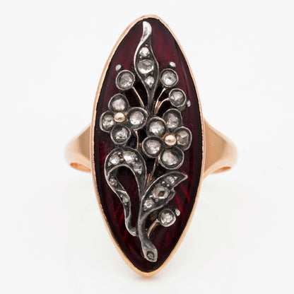 Antique French Georgian Red Enamel and Rose Cut Diamond Floral Giardinetti Navette Ring