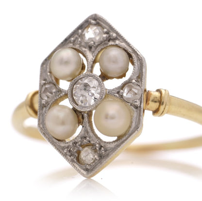 Edwardian Antique Old Cut Diamond and Pearl Cluster Plaque Ring