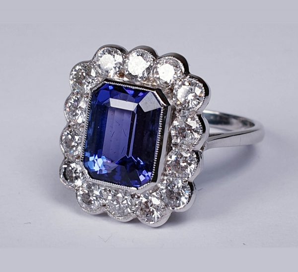 Tanzanite and Diamond Cluster Ring, Rectangular Emerald Cut 4 carats