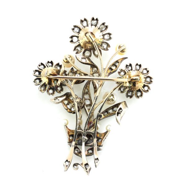 Antique Early Victorian Pearl and Rose Cut Diamond Flower Spray Brooch, 2 carats, in silver and 15ct gold