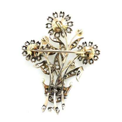 Antique Early Victorian Pearl and Rose Cut Diamond Flower Spray Brooch, 2 carats, in silver and 15ct gold