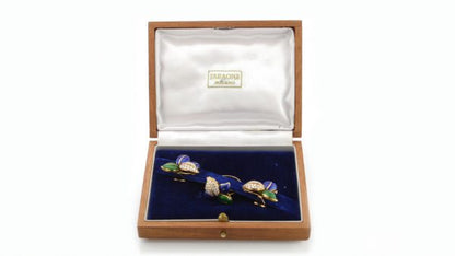 Faraone Blue and Green Enamel and Diamond set Ring and Earring Suite