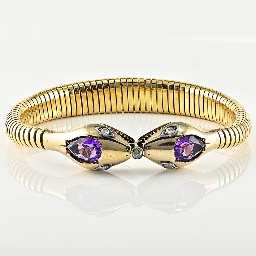 Vintage 1940s Retro Amethyst and Diamond Set 18ct Yellow Gold Snake Tubogas Bracelet