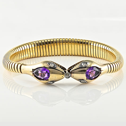 Vintage 1940s Retro Amethyst and Diamond Set 18ct Yellow Gold Snake Tubogas Bracelet