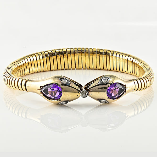 Vintage 1940s Retro Amethyst and Diamond Set 18ct Yellow Gold Snake Tubogas Bracelet
