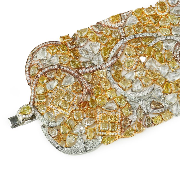 Fine Fancy Yellow Diamond Cuff Bracelet in Tri Colour Gold, 57.80 carats