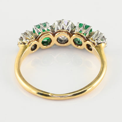 Art Deco 1ct Old European Cut Diamond and Emerald Five Stone Engagement Ring in 18ct Yellow Gold