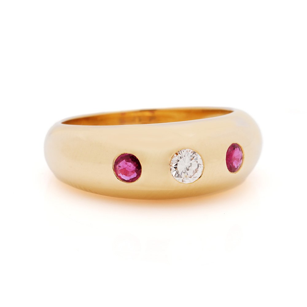 Vintage Cartier Ruby and Diamond Three Stone 18ct Yellow Gold Gypsy Band Ring