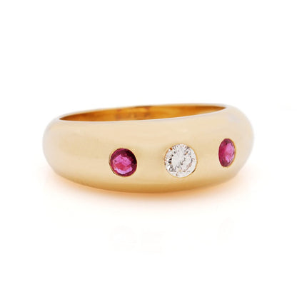 Vintage Cartier Ruby and Diamond Three Stone 18ct Yellow Gold Gypsy Band Ring