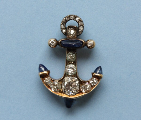 Antique Victorian 1.25ct Old Cut Diamond and Sapphire Anchor Jabot Pin Brooch; gold jabot pin with anchor at each end set with diamonds and sapphires