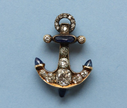 Antique Victorian 1.25ct Old Cut Diamond and Sapphire Anchor Jabot Pin Brooch; gold jabot pin with anchor at each end set with diamonds and sapphires