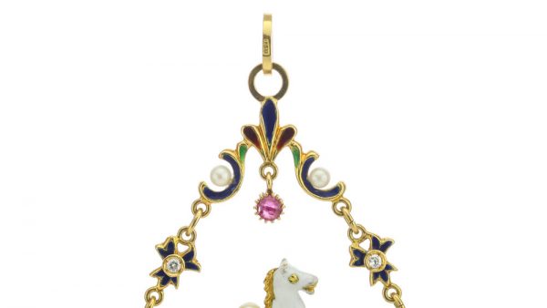Vintage Pegasus and Dragon Pendant with Enamel and Gemstones; elaborate 18ct yellow gold Pegasus and dragon pendant necklace decorated with enamel, freshwater pearls, emeralds, ruby and diamonds. Circa 1950s