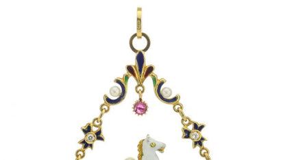 Vintage Pegasus and Dragon Pendant with Enamel and Gemstones; elaborate 18ct yellow gold Pegasus and dragon pendant necklace decorated with enamel, freshwater pearls, emeralds, ruby and diamonds. Circa 1950s