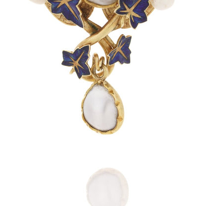 Victorian Antique 18ct Gold Brooch with Blue Enamel Leaves and Pearls