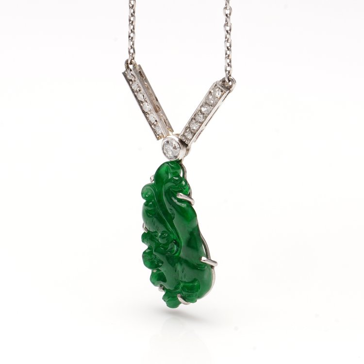 Art Deco Carved Jade and Old Cut Diamond Necklace