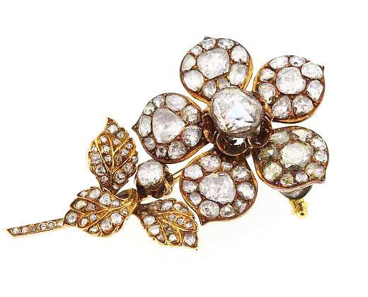 Antique Victorian Rose Cut Diamond Floral Brooch, set in Silver and Gold