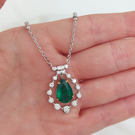4.85ct Pear Cut Emerald and Diamond Cluster Pendant on Diamond Set Chain
