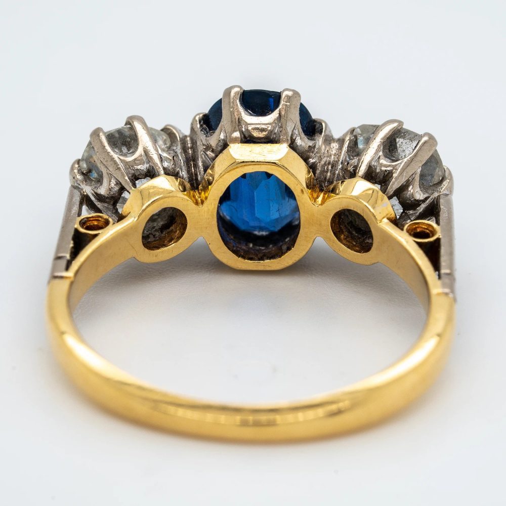 2ct Sapphire and 1.40ct Old Cut Diamond Trilogy Three Stone Engagement Ring