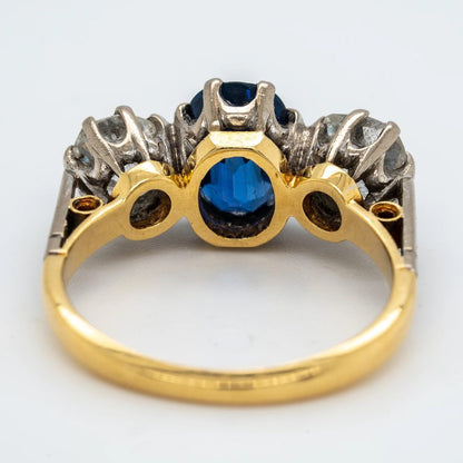 2ct Sapphire and 1.40ct Old Cut Diamond Trilogy Three Stone Engagement Ring