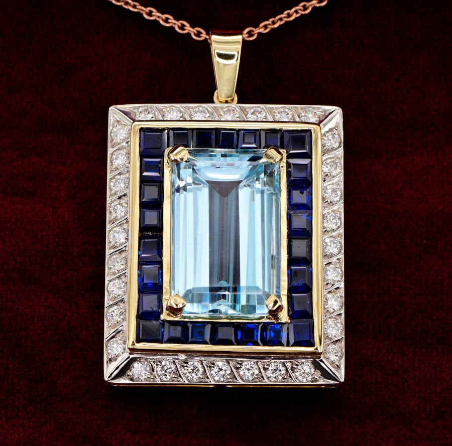 Vintage 17.50ct Aquamarine Sapphire Diamond Cluster Pendant