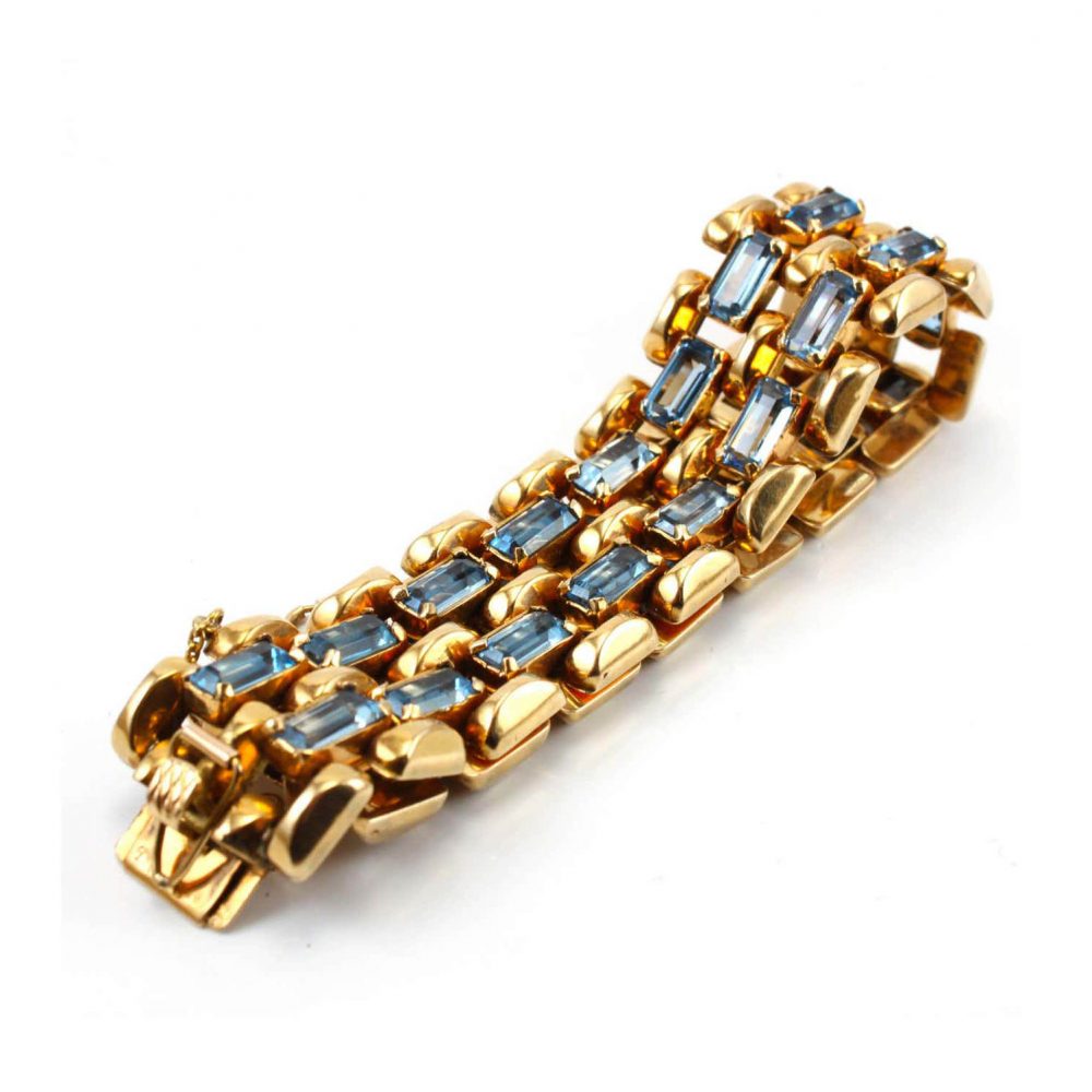 Retro 1940s Aquamarine and 18ct Yellow Gold Bracelet