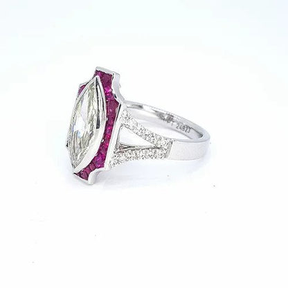 Art Deco Style 1.60ct Marquise Diamond and Ruby Plaque Ring, with diamond set split shoulders, in 18ct white gold, with certificate