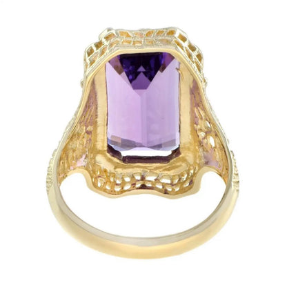 9ct Emerald Cut Amethyst and Yellow Gold Filigree Dress Ring