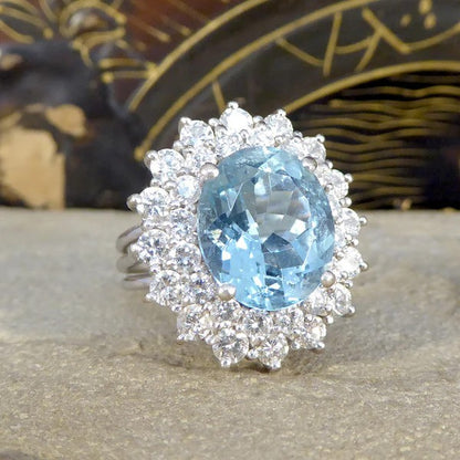 Vintage 4.30ct Aquamarine and Diamond Double Cluster Ring in Platinum
