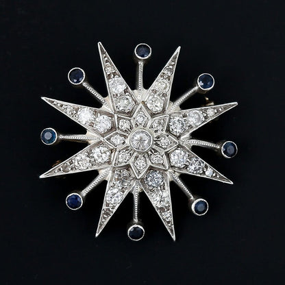 Vintage 1.8ct Diamond and Star Brooch Pendant with Sapphires