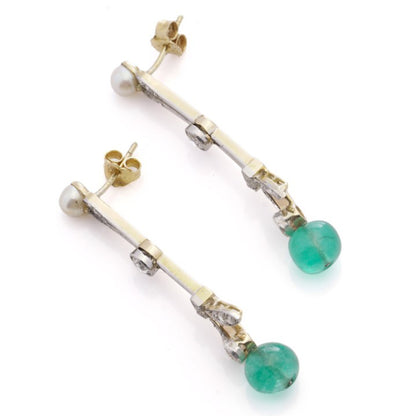Edwardian Antique Emerald Pearl Diamond Drop Earrings, 1.70 carats