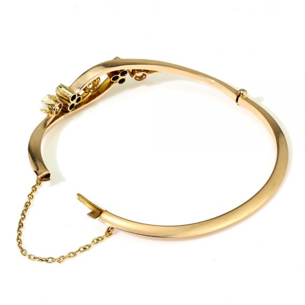 Antique Victorian Opal and Old Cut Diamond Bangle Bracelet, Circa 1860s