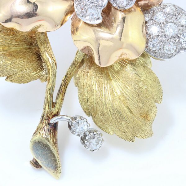Art Deco Old Cut Diamond Floral Brooch; 2.10 carats