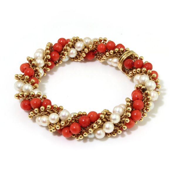 Van Cleef and Arpels 18ct Yellow Gold, Coral and Pearl Bead Twirl Bracelet, Circa 1962