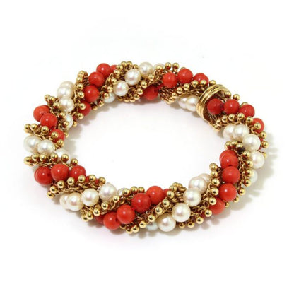 Van Cleef and Arpels 18ct Yellow Gold, Coral and Pearl Bead Twirl Bracelet, Circa 1962