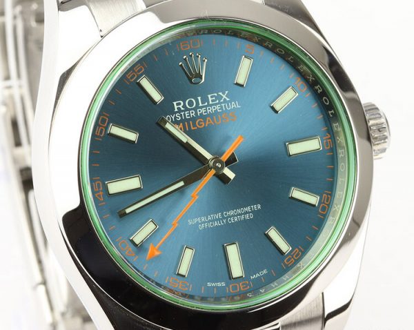 Rolex Milgauss Blue Dial 40mm Stainless Steel Automatic Wristwatch; blue dial with green crystal, on stainless steel Oyster bracelet, Circa 2014, Rolex box and papers