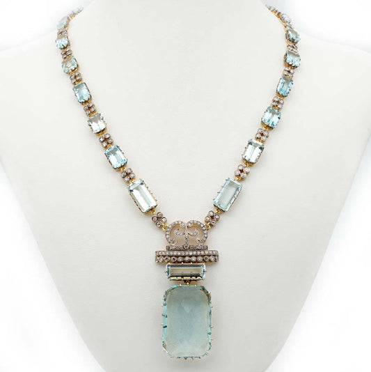 Impressive Rare Unique Vintage Retro 49cts Aquamarine and 4.25ct Diamond Pendant Necklace in Platinum and 18ct Yellow Gold, Circa 1930s 1940s