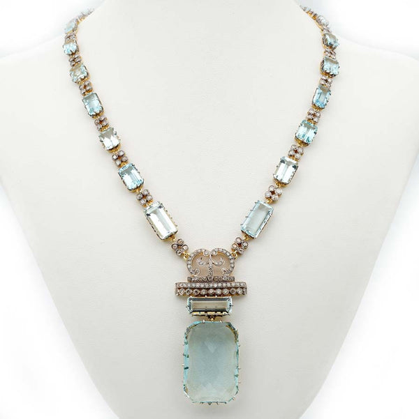 Impressive Rare Unique Vintage Retro 49cts Aquamarine and 4.25ct Diamond Pendant Necklace in Platinum and 18ct Yellow Gold, Circa 1930s 1940s