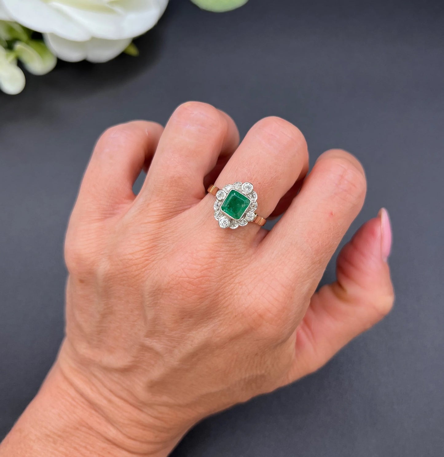 Vintage 18ct Gold, 1940s Emerald & Diamond Cluster Dress Ring