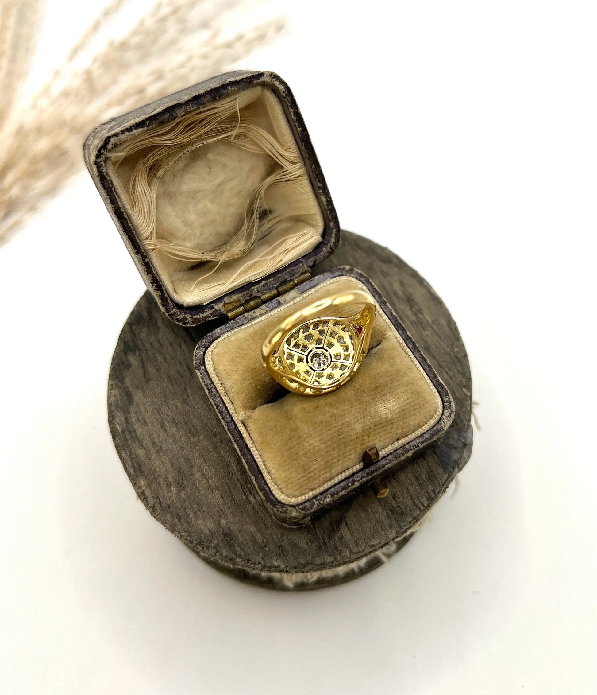 Antique 18 Carat Gold, Platinum, Diamond and Ruby Bombé Ring, Circa 1910