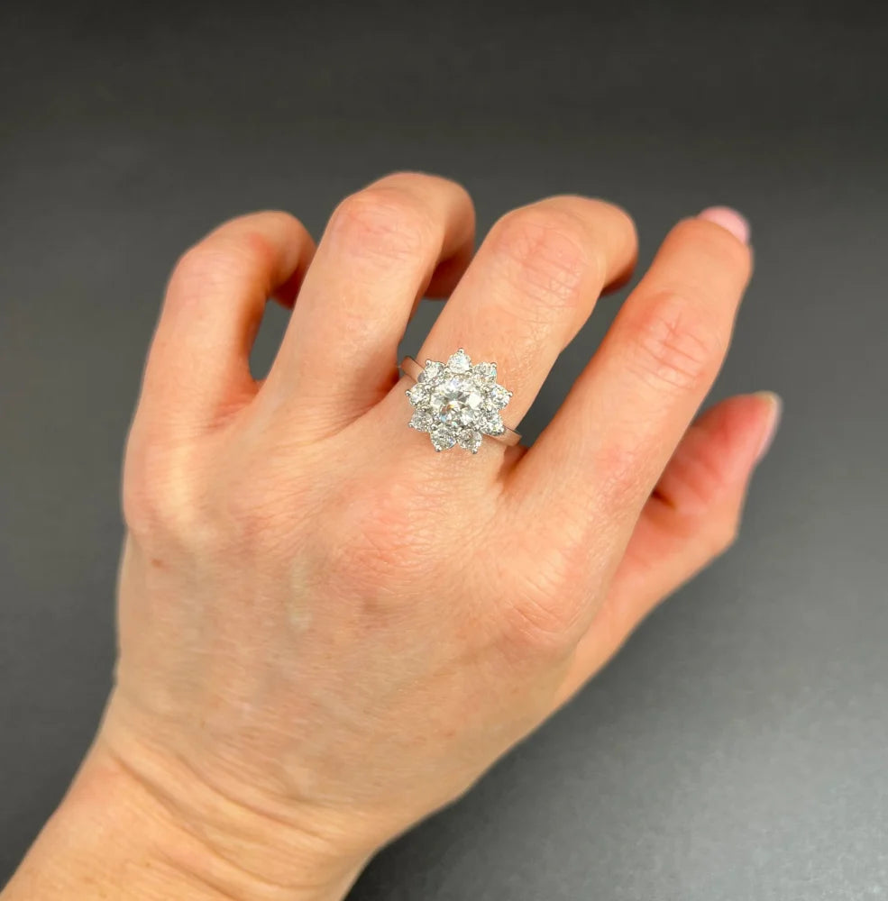 Vintage Diamond Daisy Cluster Engagement Ring in Platinum, 2.20 carats